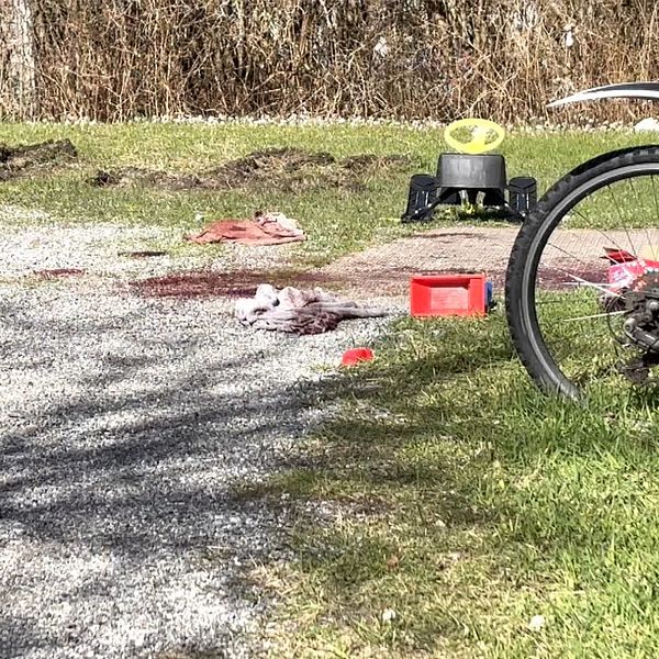 Delad bild. Till vänster: person i mörk tröja. Till höger: cykel och leksaker på grusväg.