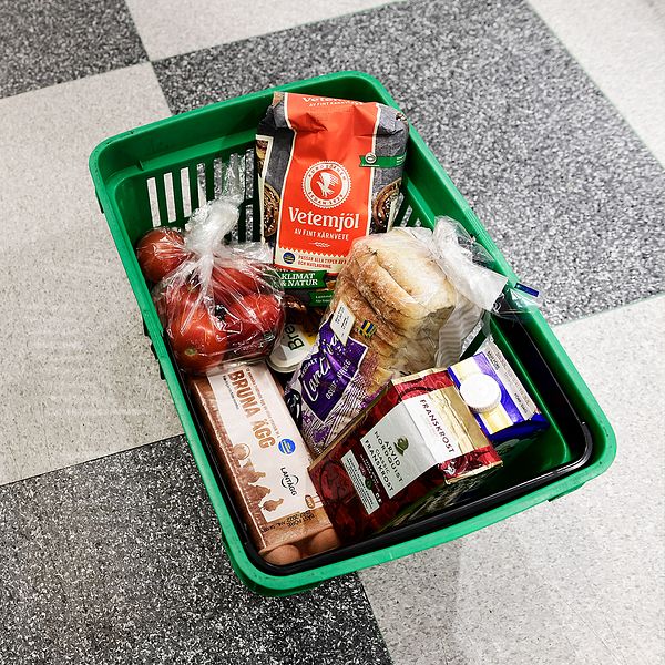 Delad bild. Till vänster: person med suddat ansikte. Till höger: shoppingkorg med matvaror.
