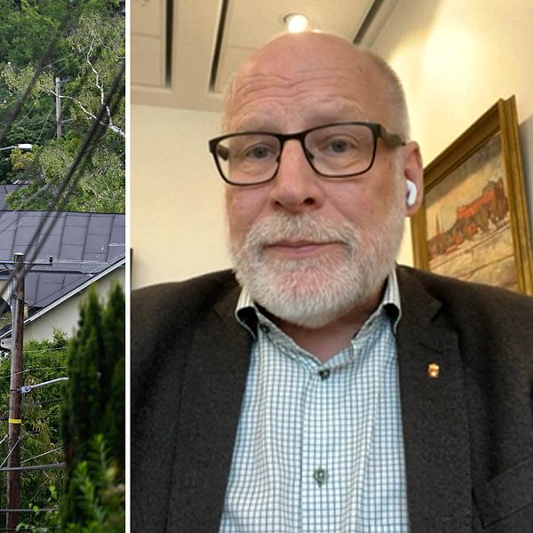 En delad bild som visar två sektioner. Den vänstra sektionen visar en vy av bostäder med varierande takfärger och en grönskande omgivning, medan den högra sektionen föreställer en person som sitter inomhus, delvis synlig med en ljus skjorta och en mörk blazer.