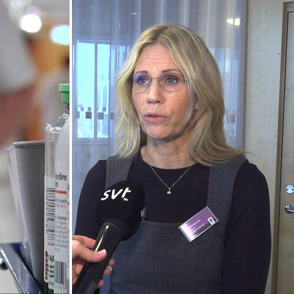 En sjuksköterska, till höger en kvinna som intervjuas av SVT-