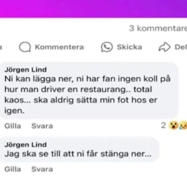 En delad bild med två sektioner. Till vänster en kvinna i röd jacka och mössa som håller en mikrofon utomhus i ett snöigt landskap. Till höger är ett skärmdump av en diskussion på sociala medier med kommentarer av Jörgen Lind som kritiserar en restaurang och uttrycker missnöje över dess hantering.