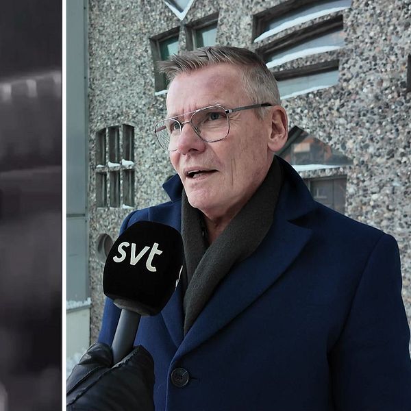 Till vänster visas en närbild av en pistol riktad mot ett okänt objekt, medan höger sektion visar kriminalkommissarie Jan Staaf som intervjuas utanför polishuset i Norrköping.