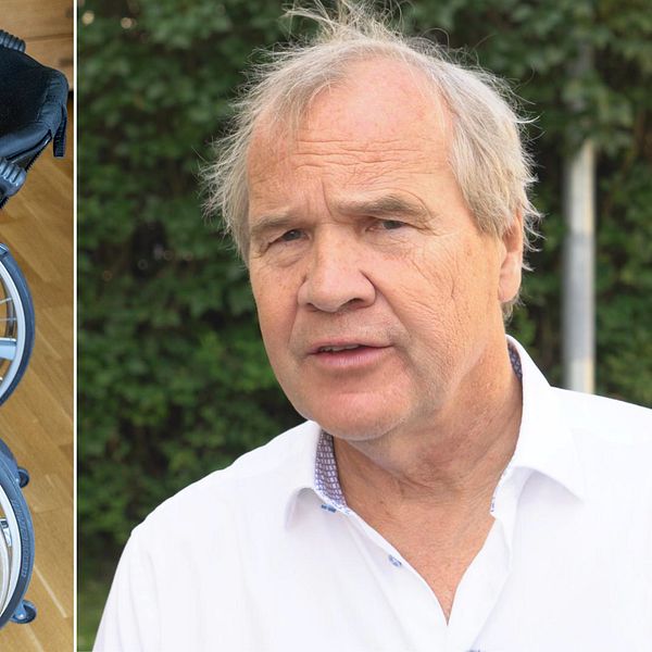En rullstol och en man som tittar in i kameran
