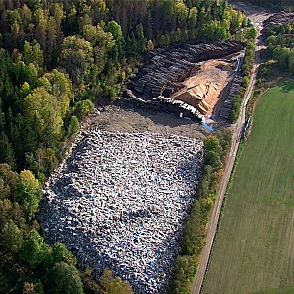 Bilder från polisens förundersökningsprotokoll visar hur en lastbil tömmer sopor i en grävd grop i skogen.