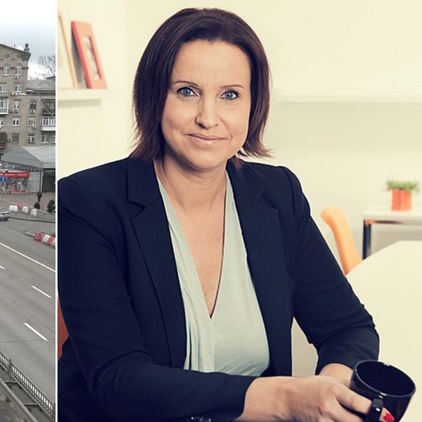 Tvådelad bild. Vänster: Tätt trafik på motorväg. Höger: Person i kontorsmiljö med kaffekopp.
