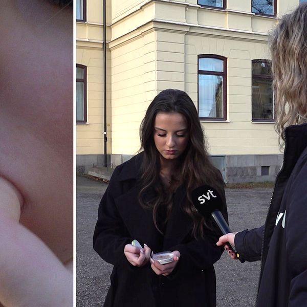 Närbild på en person som är på väg att stoppa in en portionspåse med vitt snus i munnen. Till höger syns en annan bild där en person med långt hår håller i en snusdosa och plockar ut flera portionspåsar.