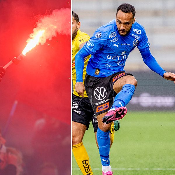 Tredelad bild. Vänster: person i kostym. Mitten: bengalbränning. Höger: fotbollsspelare sparkar boll.