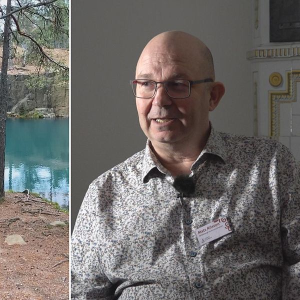 Delad bild. På ena sidan skärmdump från instagram med bilder på sjö med grönt vatten, till höger man med glasögon i grå  mönstrad skjorta. Mats Nilsson