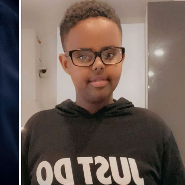 delad bild: närbild på polisemblem på ärm, samt porträtt på 14-årige Mohamed som mördades