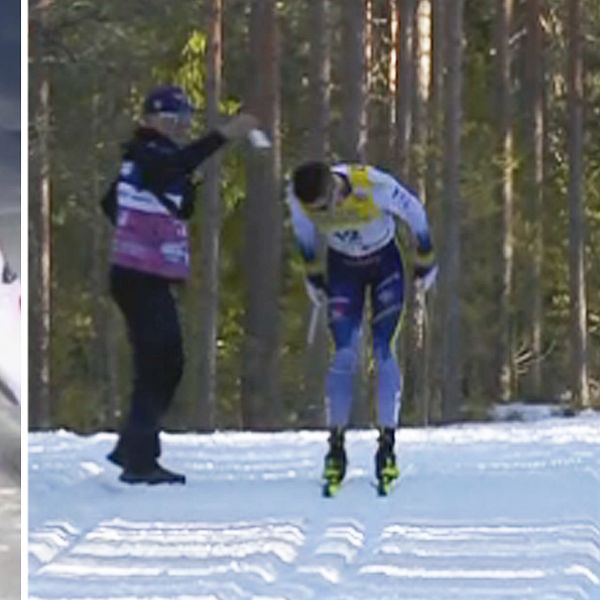 Tvådelad bild. Till vänster: en skidåkare i gul tävlingsdräkt. Till höger: skidåkare med stavhjälp.