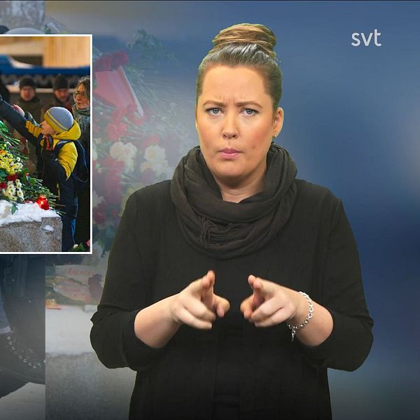 Programledare Alicia tecknar ”dömd” vid en delad bild där en person bärs bort av polis på den ena delen, och människor som lägger ner blommor på den andra.