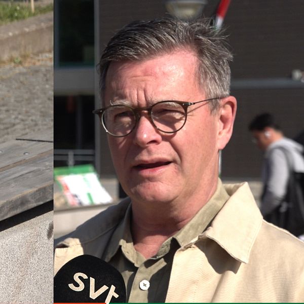 En skylt som protesterar mot Israel tv/LNU rektor Peter Aronsson th.