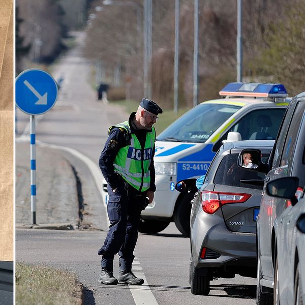 Till vänster: En stor patronhylsa visas upp. Till höger: Polise stoppar bilar efter skjutningen 18 april 2023 i Alingsås.