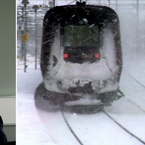Delad bild reporter som funderar och tåg i snö