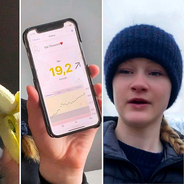 En kvinna sätter en insulinpump på en tonårings rygg, en ung tjej äter en banan, en smartphone som visar ett blodsockervärde och en tonårstjej i mössa.