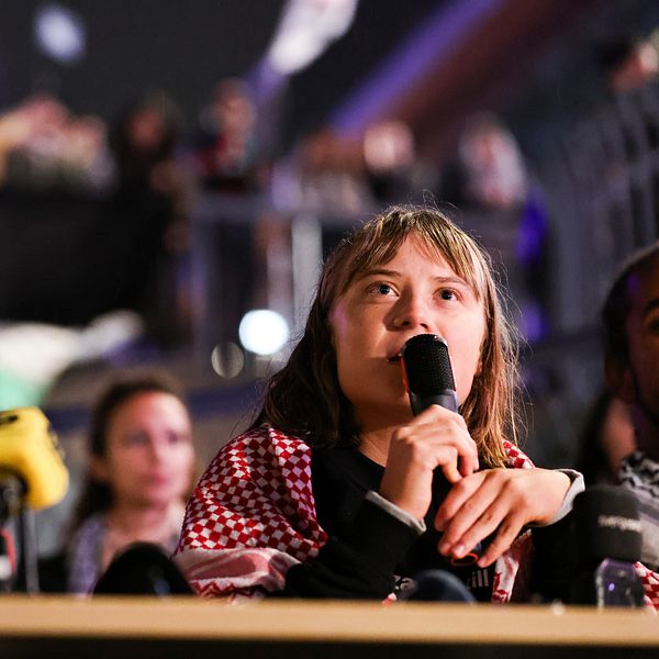 Greta Thunberg talar vid manifestation på Sergels torg i Stockholm.