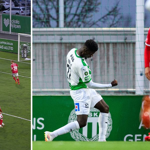 Delad bild. Vänster: fotbollsanfall mot mål. Höger: spelare i vitt firar efter att ha gjort mål.
