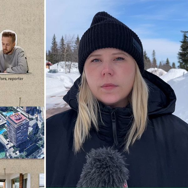 Tvådelad bild på ett kollage över SVT:s granskning av bluffuthyrare och reporter Sofie Lind