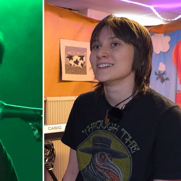 Bild på sjungande artist i rökig miljö till vänster, bild på Loke som intervjuas till höger.