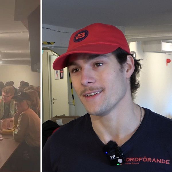 Tvådelad bild. Vänster: Människor som sitter i en källarlokal och roar sig. Höger: Person i röd keps och mörk tröja. Ordförande för studenternas kårhus.