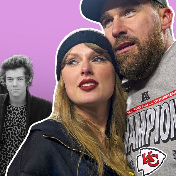 Taylor Swift med Travis Kelce och svartvita porträtt av tidigare relationer