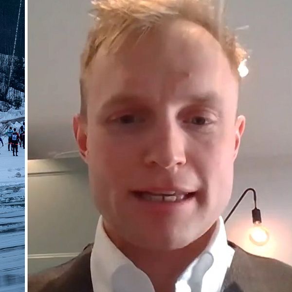 Tvådelad bild. Vänster: Skidåkare på snötäckt bergssida.
