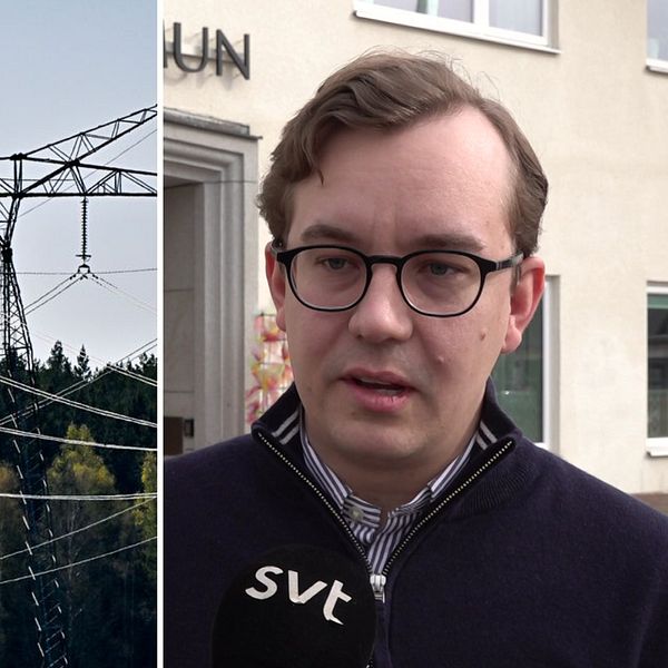 En delad bild med en kraftledning över skog till vänster och en man i en intervjusituation till höger