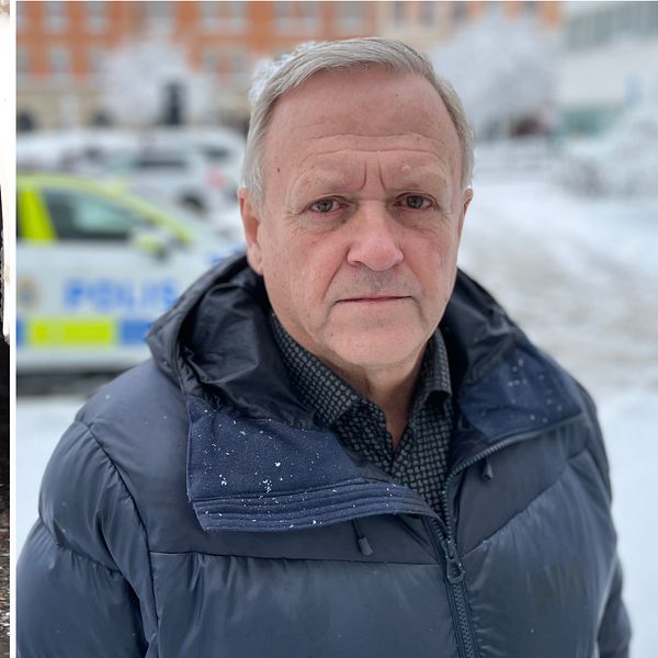 Bilden är delad i två sektioner. Den vänstra delen visar en närbild av en bilhjul med snö på däcket. Den högra delen visar en person iklädd en mörk jacka som står utomhus i snöigt väder, med en polisbil i bakgrunden.