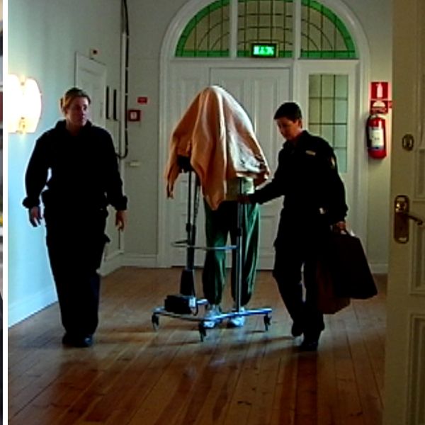 Tvådelad bild. Vänster: en SVT-reporter. Höger: Två poliser eskorterar en person.
