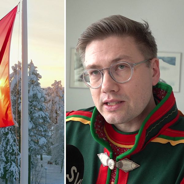 Samiska flaggan och Jon Petter Stoor i grön dräkt.