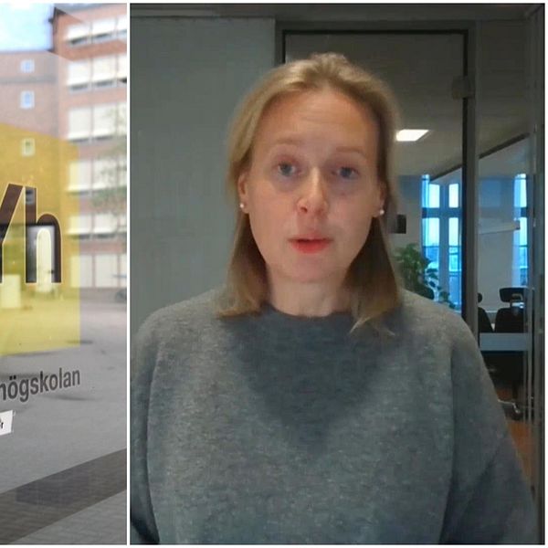 Bild på utsidans av Myndigheten för högskolors logga på utsidan av ett fönster. Bild på myndighetens kommunikations chef en blond kvinna i grå tröja.