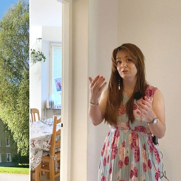 Tvådelad bild. Vänster: Hyreshus med vägskylt. Höger: Person i klänning gestikulerar.