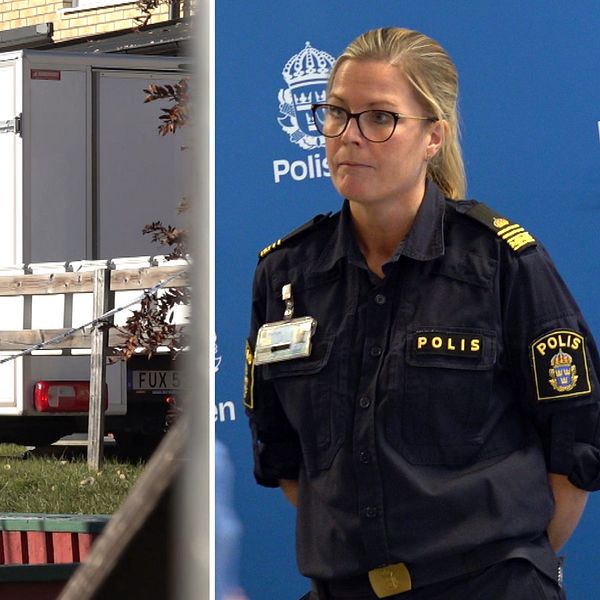 Bilden är en delad bild. Den vänstra visar en grå transporter parkerad vid en fastighet, omgiven av gräs och avspärrningar. Den högra visar en person iförd en polisuniform och en namnskylt, stående framför en bakgrund med polismärken.