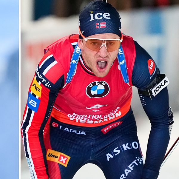 Två skidskyttare i färgglada tävlingsdräkter, en med gul och blå dräkt och en annan i röd och svart dräkt, i en actionfylld position under en tävling. Den vänstra åkaren hålls i skyttegruppmedan den högra är i rörelse.