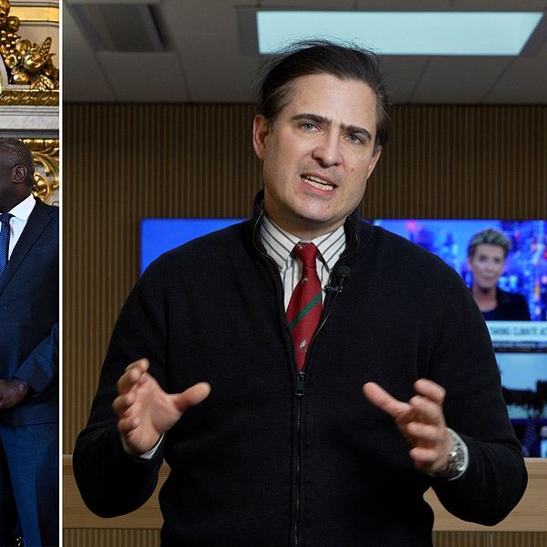 Tvådelad bild. Till vänster: diplomater i diskussion. Till höger: person gestikulerar i ett kontor.