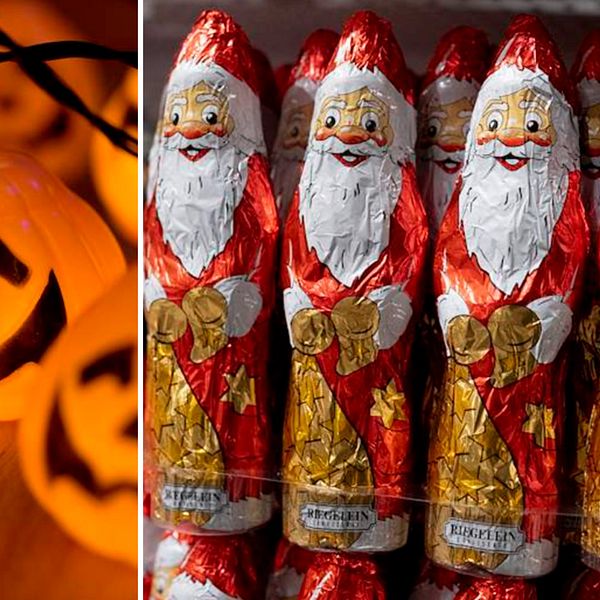 Halloweenpumpor och julchoklad i butik visar att julhandeln börjar tidigt