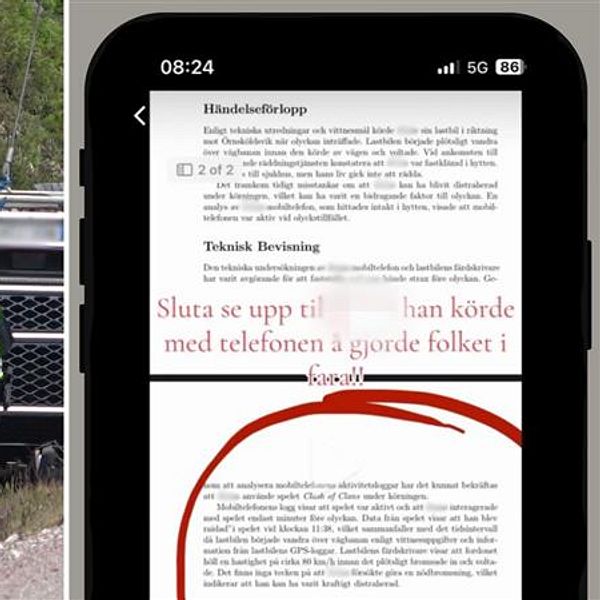 Till vänster syns en lastbil som ligger på taket och räddningstjänsten och polisen står runt den. Till höger syns en mobilskärm med ett dokumentet som ska vara från en polisutredning.