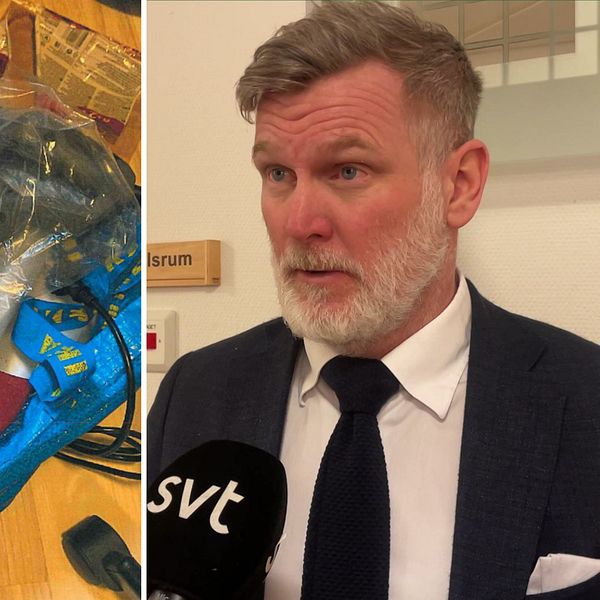 Bilder från polisens förundersökning till vänster, bland annat två sågar och presenning. Till höger en advokat.