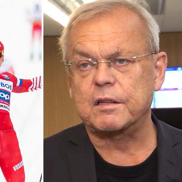 Bert Sundström i intervju, bredvid skidåkare som firar i bakgrunden