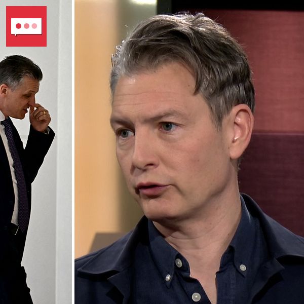 Delad bild. Till vänster: tre personer i kostym går i korridor. Till höger: person i mörk jacka.