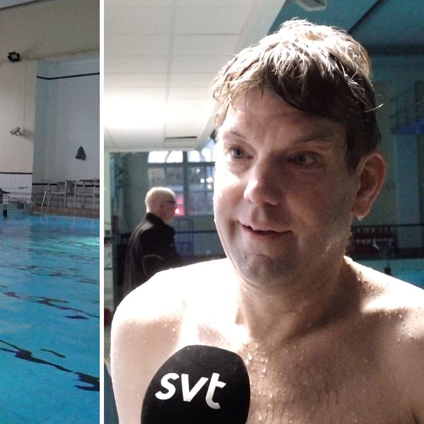 En delad bild med två sektioner. Den vänstra sektionen visar en simhall med en stor, blå pool och flera simbanor. I bakgrunden syns ett hopptorn och fönster som släpper in naturligt ljus. Den högra sektionen visar en person som håller en mikrofon med en logotyp från SVT, med en suddig ansiktsdel, och en annan person synlig i bakgrunden.