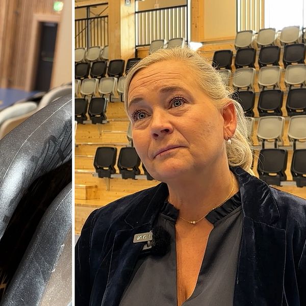 Tvådelad bild. Till vänster: Åkersvikshallen sedd från läktaren. Till höger: arenachefen Jennie Sahlin ståendes i en idrottshall