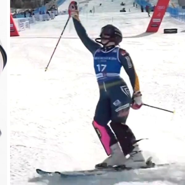 Tudelad bild. Vänster: närbild på skidhjälm. Höger: skidåkare jublar med stavar i luften på pisten.