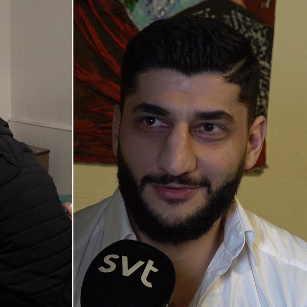 En delad bild som visar två scener. Den vänstra sektionen visar en person som spelar FIFA på en stor TV-skärm, med fokus på spelet och spelaren iförd en svart jacka. Den högra sektionen visar en man som pratar in i en mikrofon framför en reporter med en färgglad vägg i bakgrunden.
