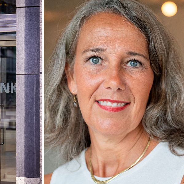 Delad bild. Till vänster: Entrén till Sveriges Riksbank. Till höger: Nordeas chefsekonom Annika Winsth.