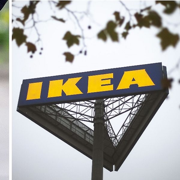 Polisens bälte med handfängsel och ficklampa till vänster, och en skylt med IKEA-logga till höger.
