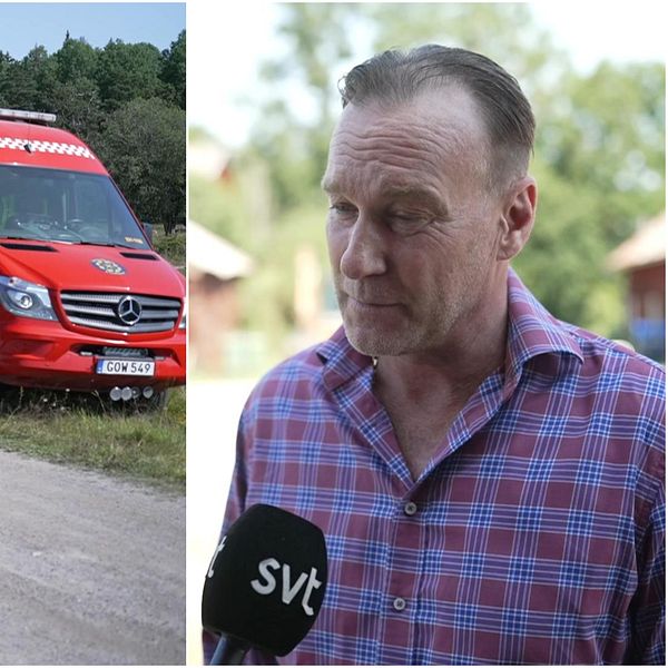 Anders Ström intervjuas om brandrisk vid gården på Järvafältet, räddningsfordon i bakgrunden