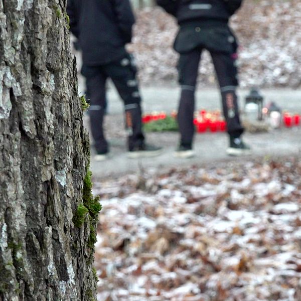 En delad bild som visar en minnesplats. Till vänster syns ett dekorativt altare med blommor och ljus, samt ett foto. Till höger står personer i mörka kläder vid en plats med röda ljus på marken, omgivna av en skogsmiljö med löv och en trädstam i förgrunden.