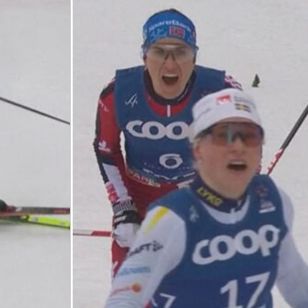Tvådelad bild. Vänster: Skidåkare faller under tävling. Höger: Två skidåkare i närbild.
