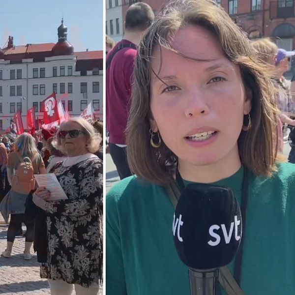 Demonstranter på Möllan och bild på SVT:s reporter Julia Wiberg